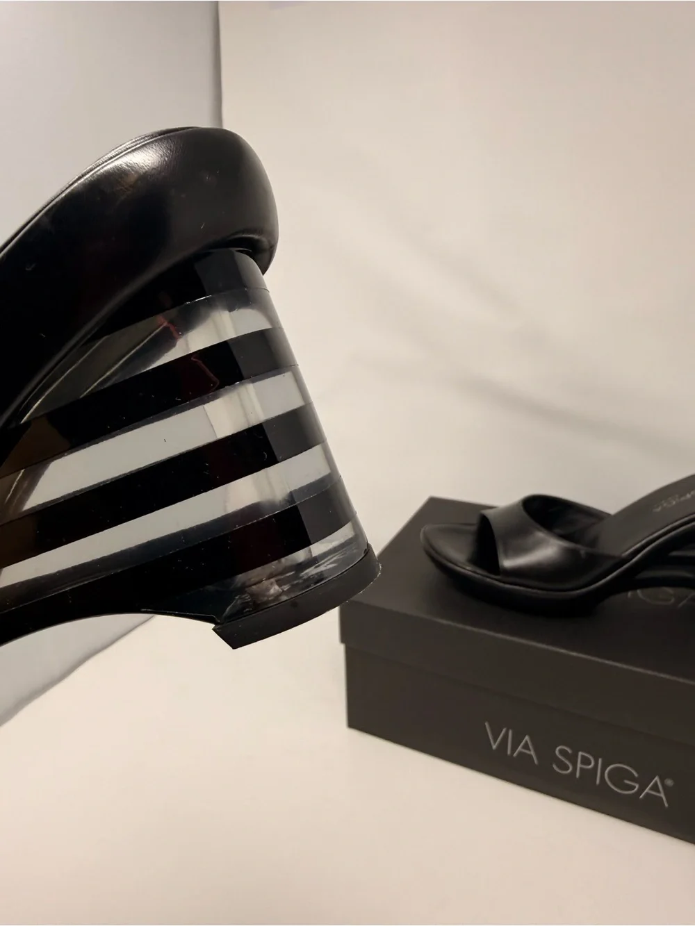 Via Spiga Black Leather Wedge Slide Sandals with Striped Heel